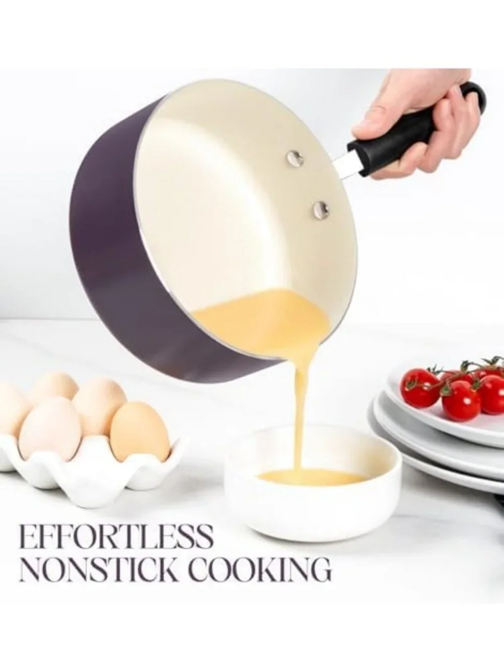 Nonstick Ceramic Saucepan Set with Lid, Induction Cooking Pots, 1Qt-3Qt, Purple